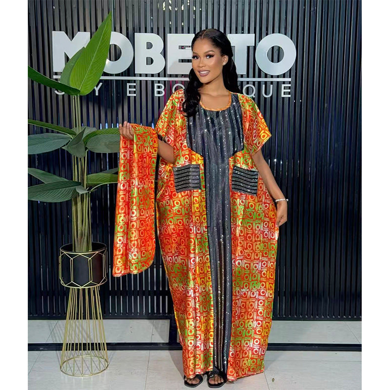 Printed Loose Robe Ethnic-Style Rhinestone-Embellished Plus-Size Dress