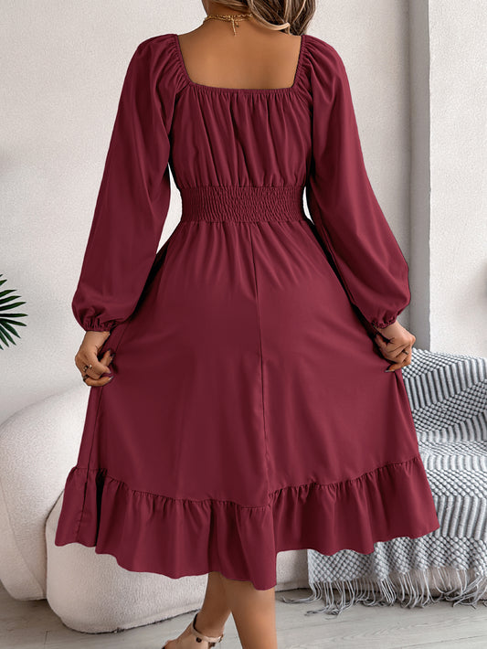 Women's Casual Solid Color Square Neck Long Sleeve Tie Waist Ruffle A-Line Dress