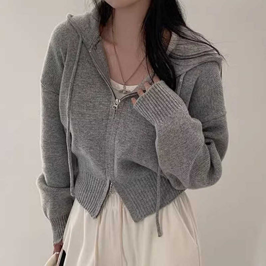 Double Zipper Loose Casual Long Sleeves Hooded Sweater Coat