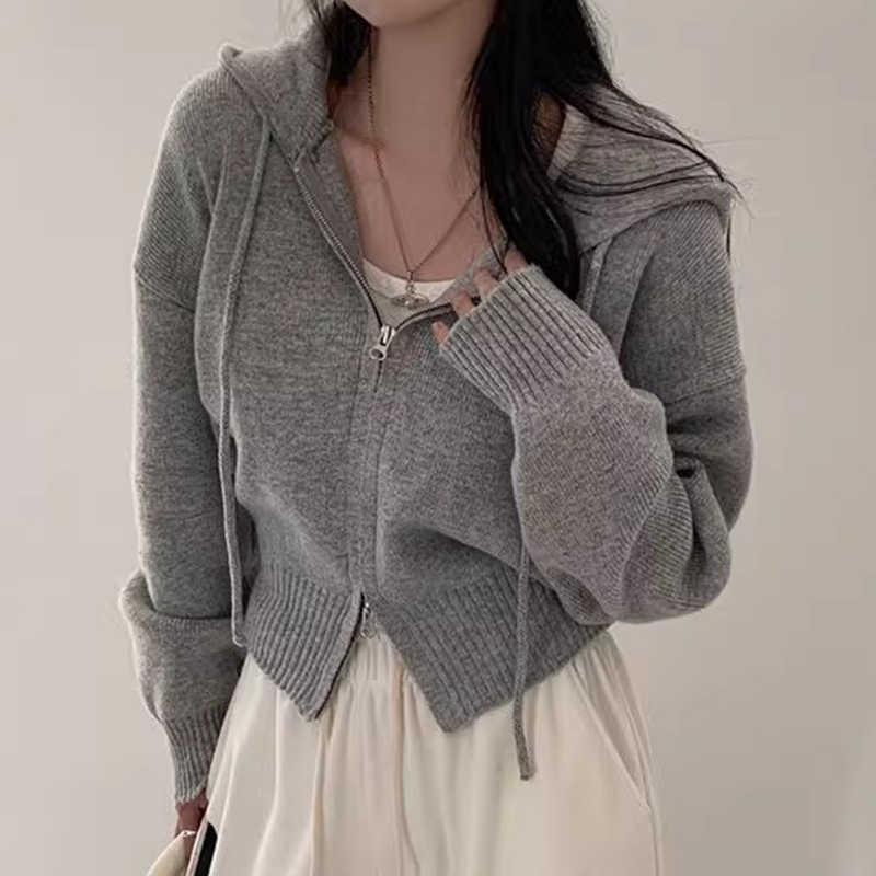 Double Zipper Loose Casual Long Sleeves Hooded Sweater Coat