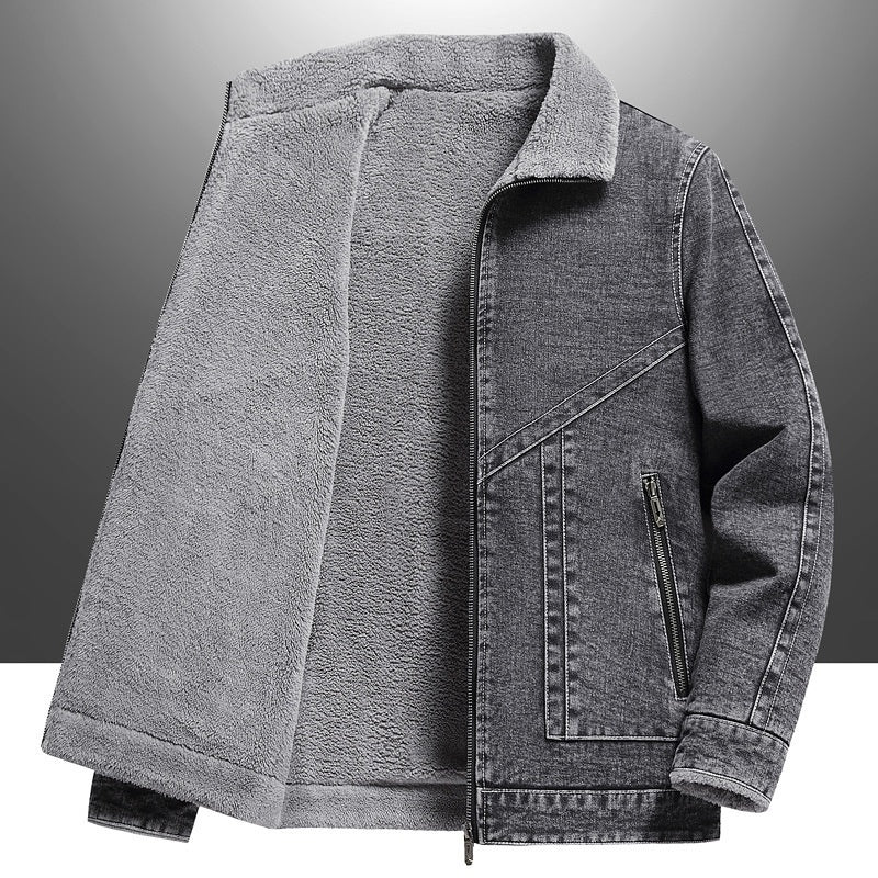 Denim Men's Fleece-lined Thickened Korean Style Lapel Youth Casual Jacket