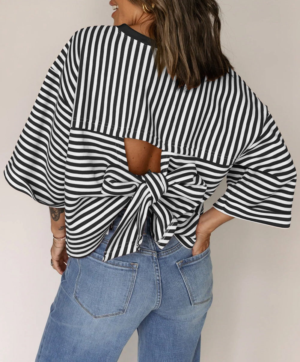 Womens Crew-Neck Striped Knitted Top With Back Tie Bow