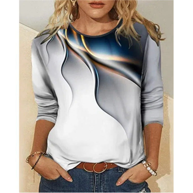 Women's Casual Gradient Printed Round Neck Long Sleeve T-shirt