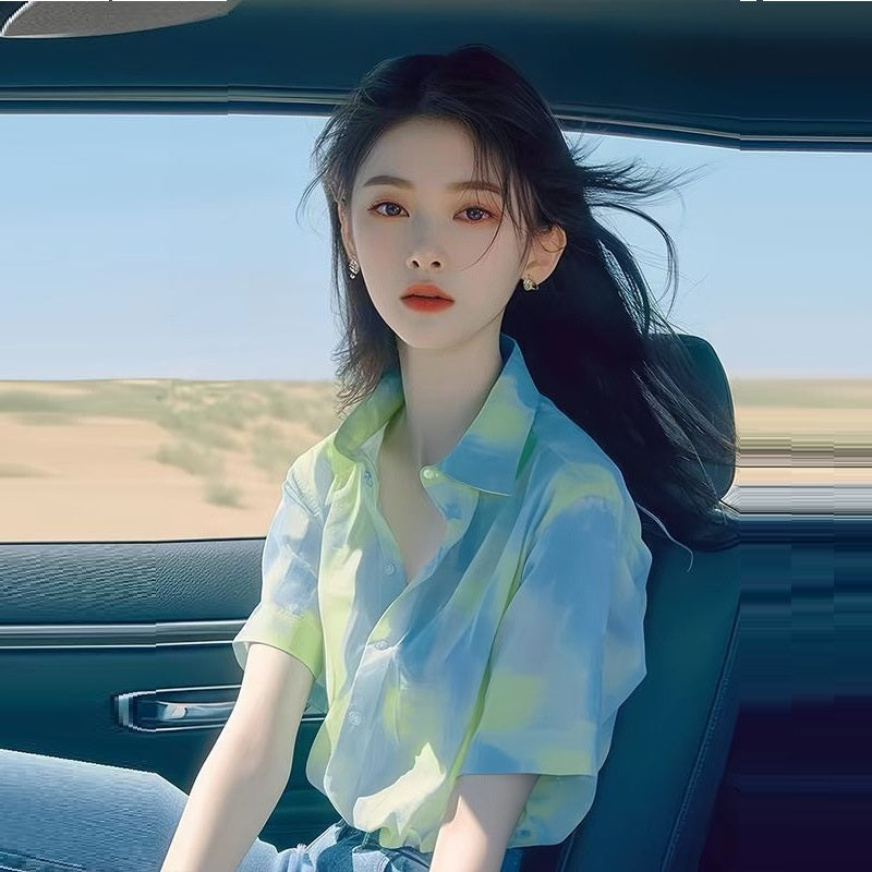 Green Tie-dyed Short-sleeved Shirt Summer Loose High-end