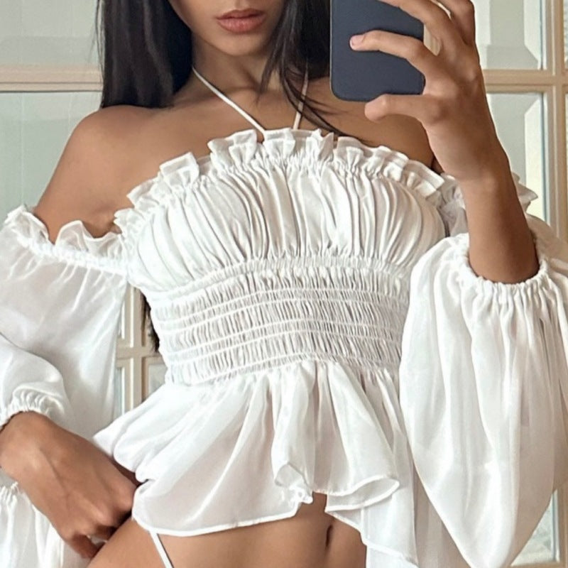 Off-shoulder Pleated Ruffled Slim Fit Lantern Long Sleeve Halter Top Women