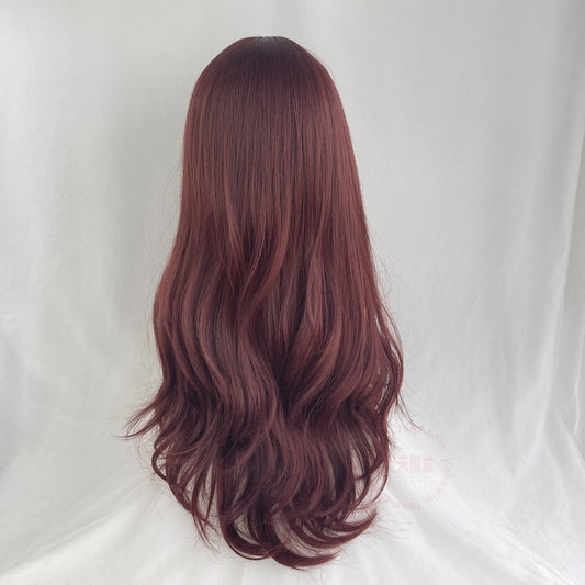 Waves Roll Korean Style Air Bangs Full-head Wig Wine Red Color Long Curly Hair Fluffy Whole Wig