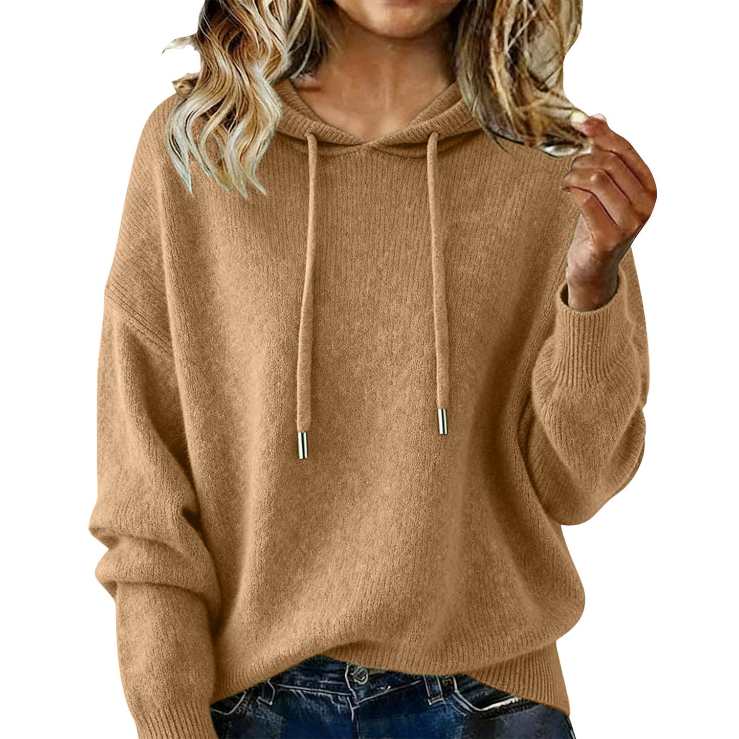 Womens Fashion Solid-color Loose Soft Hoodie With Drawstring