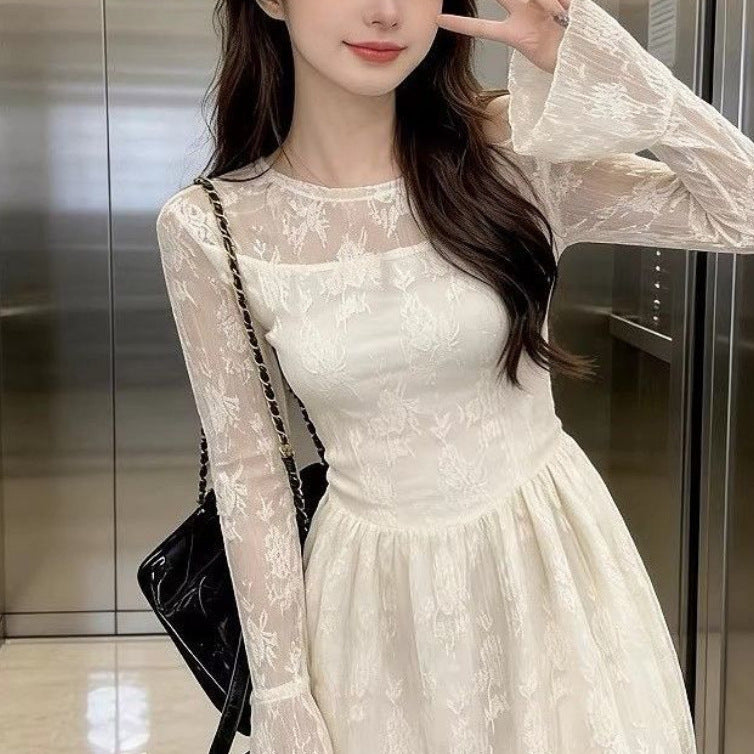 Korean-style Milk Apricot Long-Sleeve Lace Patchwork Dress