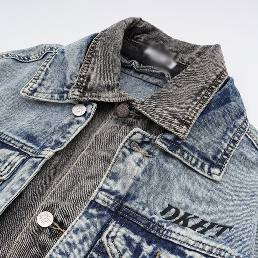 Spring And Autumn Stitching Contrast Color Washing Loose All-match Pu Handsome Denim Jacket