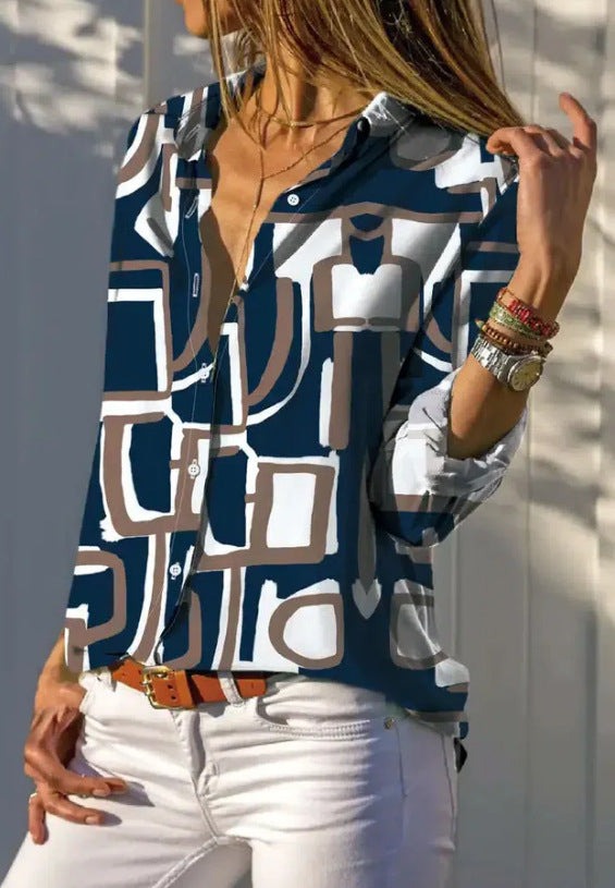 Women's 3D Printed Fashionable Long-sleeved Lapel Shirt