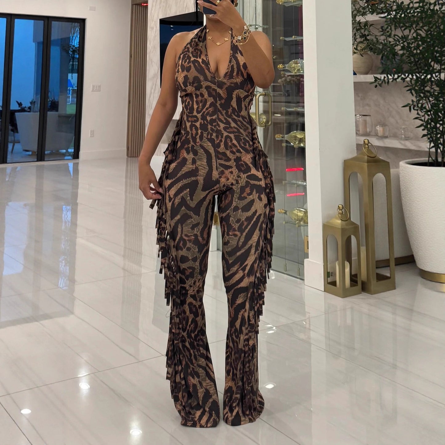 Stretchy Backless Fringed Printed Halterneck Flared Jumpsuit With Tie-up Straps