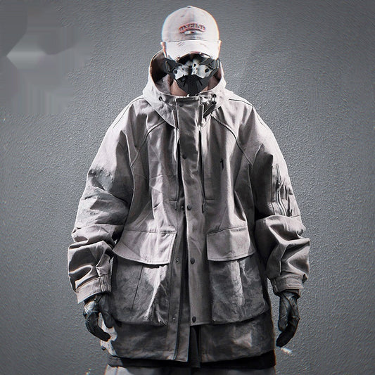 Large Pocket Inkjet Printing Hooded Jacket Men's Coat