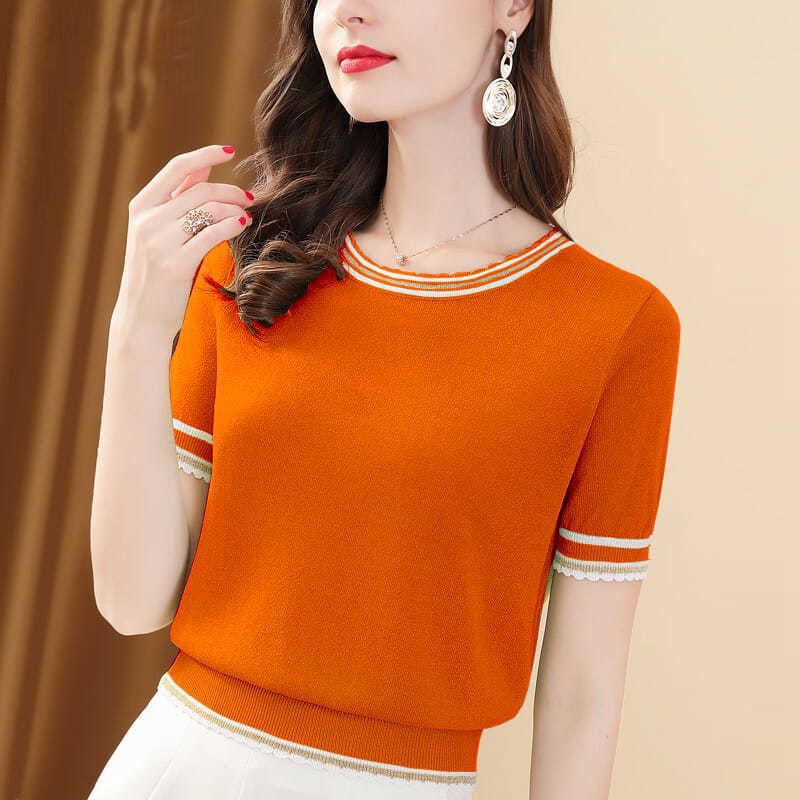 Ice Silk T-shirt Short-sleeved Women's All-match Round Neck Sweater