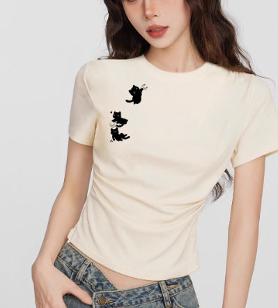 White Cat Round Neck Shoulder Short Sleeve