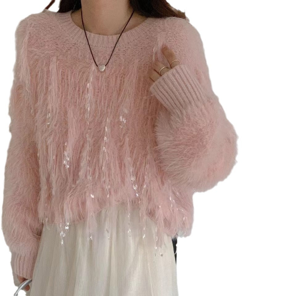 Sweet Style Mink Fur Pullover Highlight Strip Sweater For Women