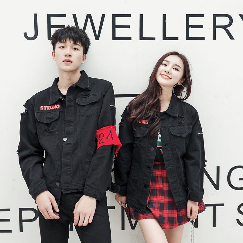 Couples Korean version of the cotton washed denim hole long sleeve jacket