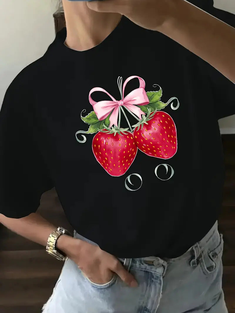 Fruit Strawberry Round Neck Short Sleeve Top For Women