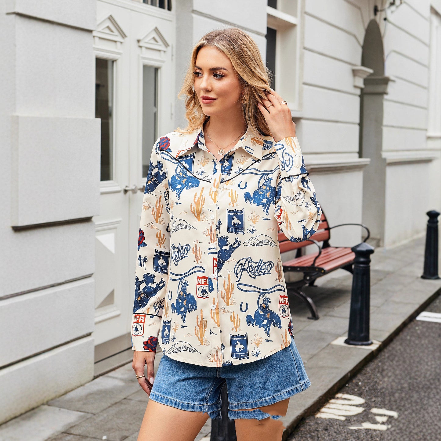 Western Cowboy Style Street-Print Slim-Fit Womens Shirt