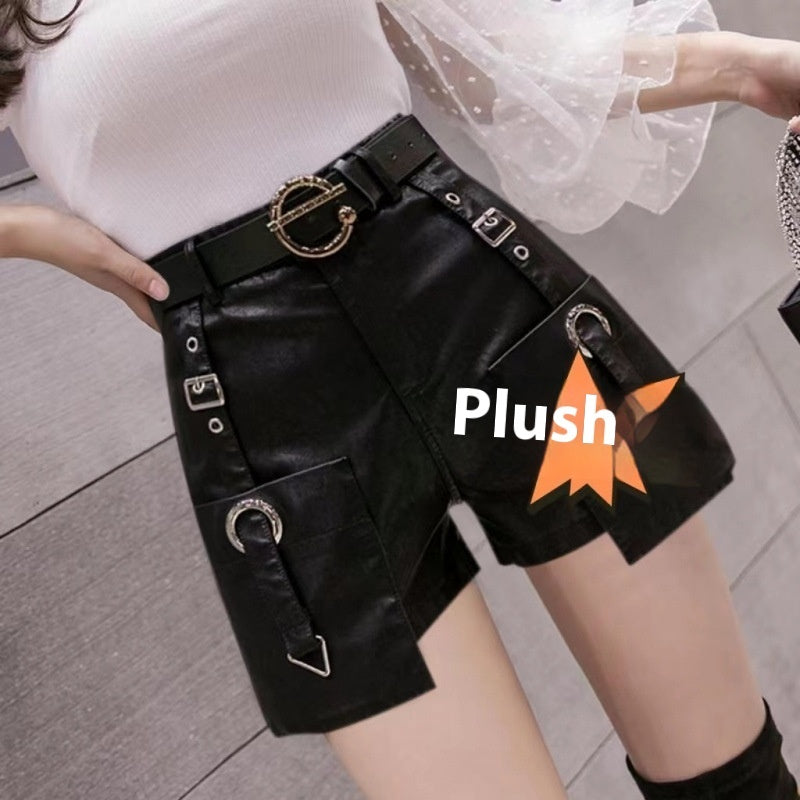 High Waist Slimming Fashion All-match Wide Leg Leather Shorts Boot Pants