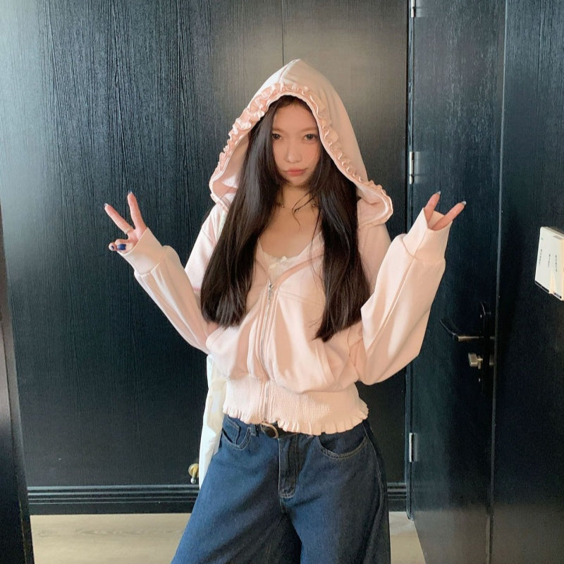 Gray Hooded Sweatshirt With Wood Ear Lace Jacket For Women