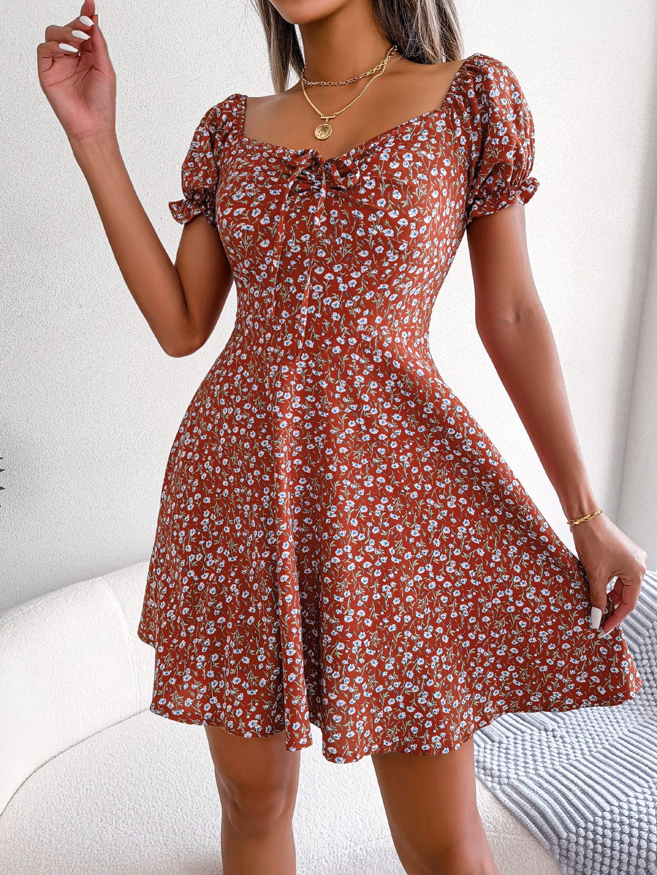 Women   Casual Bell Sleeve Drawstring Tie Flowy Floral Print Dress
