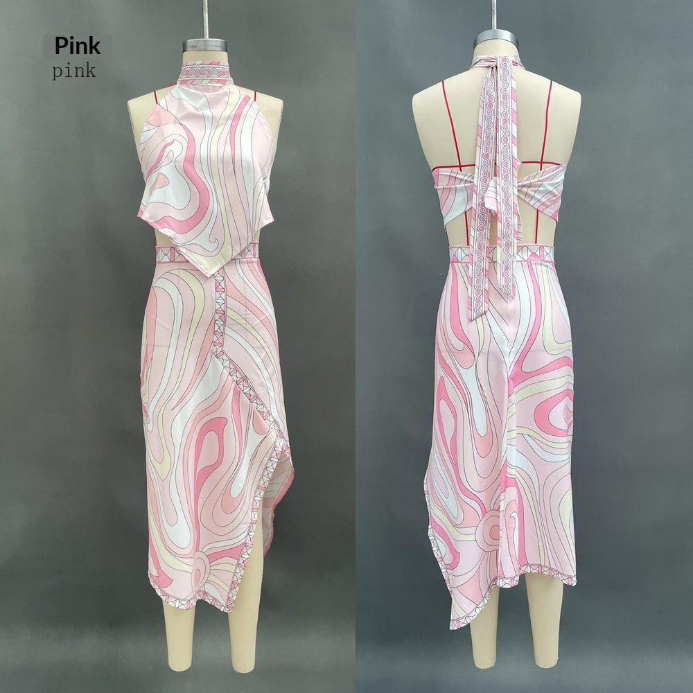 Women's Printed Satin Tie-up Top And Skirt Two-piece Set