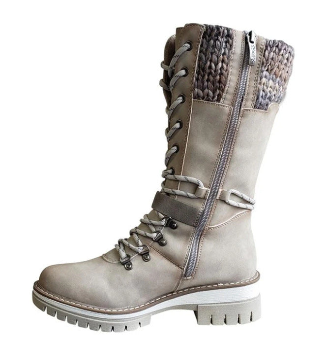 Round-toe Square-heel Leather-buckle Knit-mesh Dr Martens-style Boots