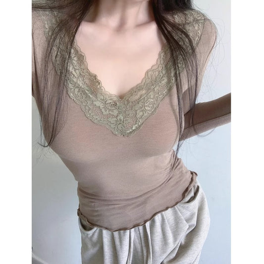 New Womens Demure Lace V-neck Long-sleeve Base Top
