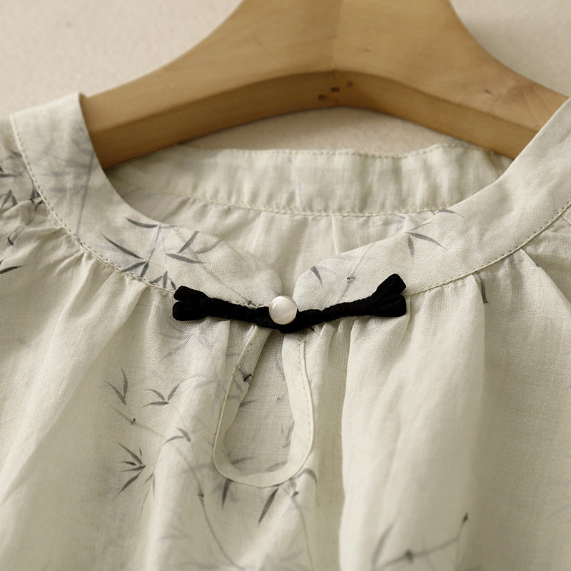 Crew-neck Artistic And Fashionable Cotton-linen Shirt With A Print