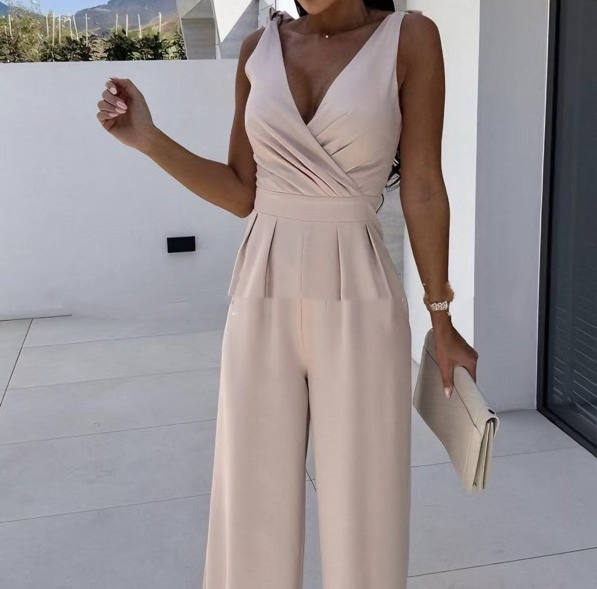 Fashionable Solid-Color V-Neck Sleeveless Long Jumpsuit