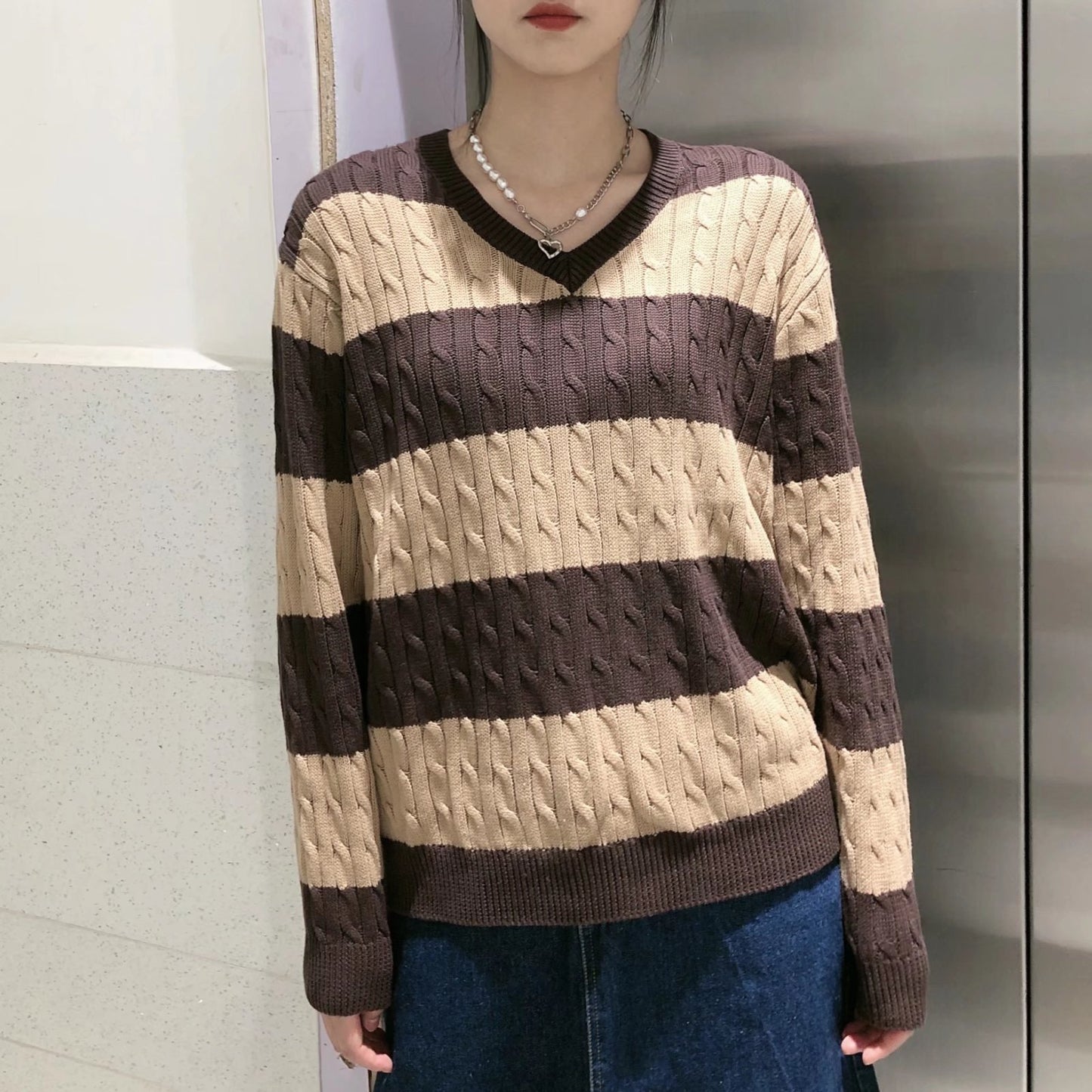Striped Twist Sweater V-Neck Loose Knit Pullover