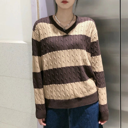 Striped Twist Sweater V-Neck Loose Knit Pullover