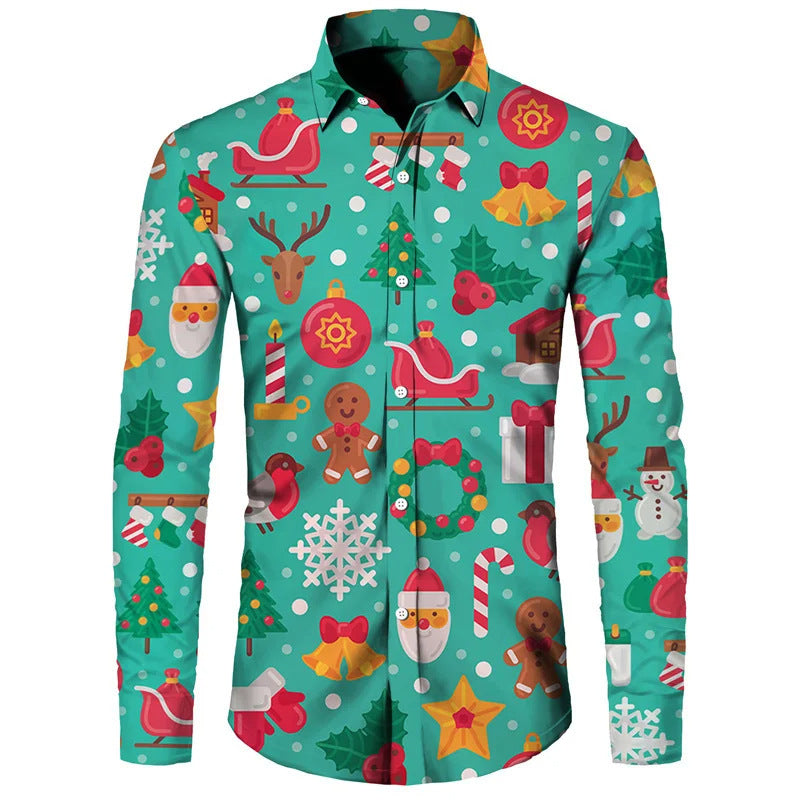 Funny Christmas Theme Digital 3D Printing Men's Button Lining Casual Long Sleeve