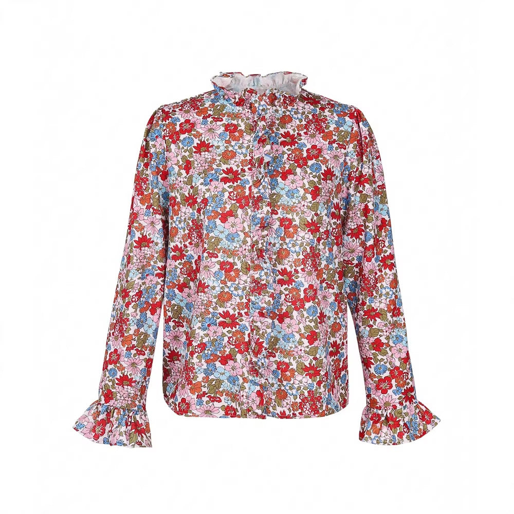 Women's Floral Print Ruffle-trimmed Stand Collar Long-sleeve Shirt