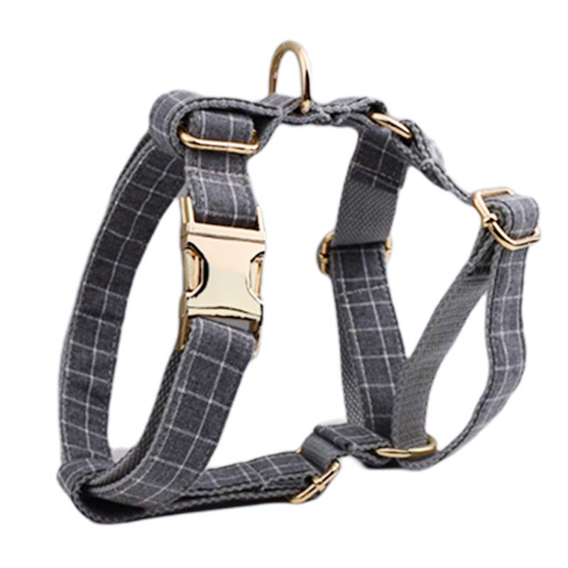 Gray Plaid Flannel Pet Collar Velvet Hand Holding Rope