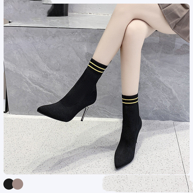 Women's Fashion Pointed Toe Stiletto Flying Knitted Ankle Boots