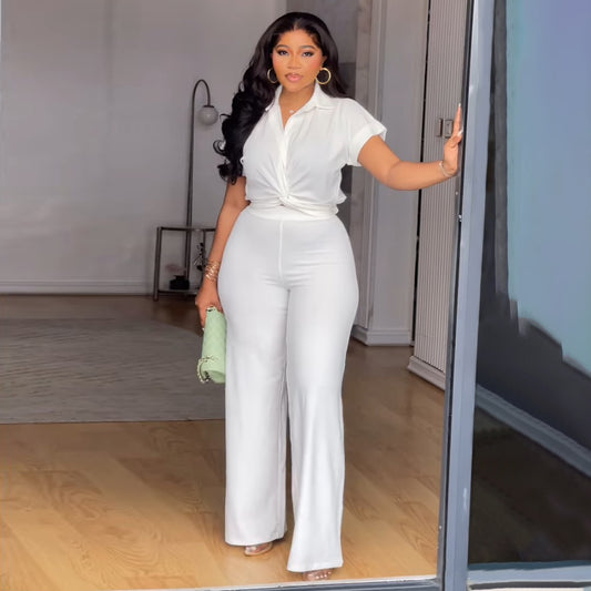 Plus-size Womens Solid-color Short-sleeve Shirt And High-waist Casual Pants Two-piece Set