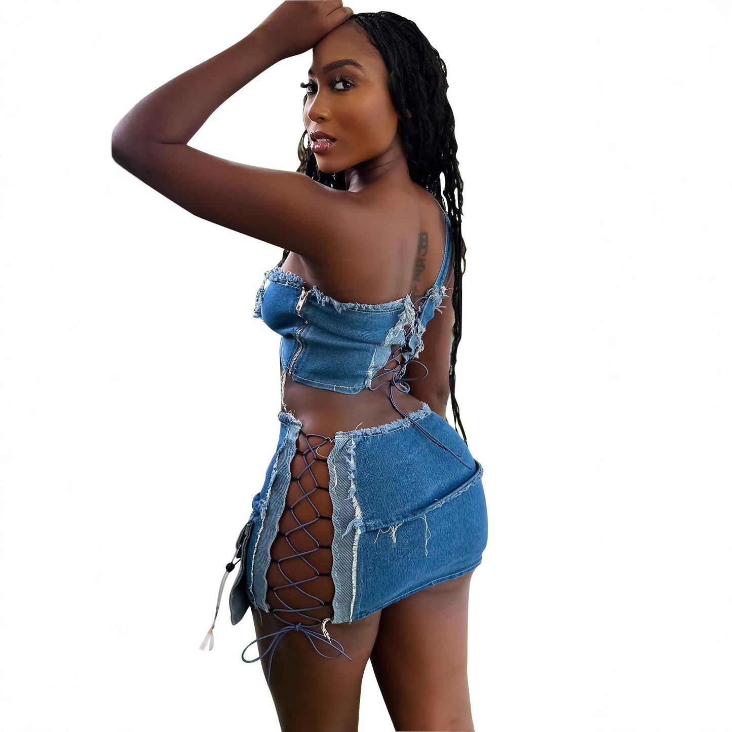 Denim Two-piece Suit Chest-wrapped Lace-up Halter Pocket Top