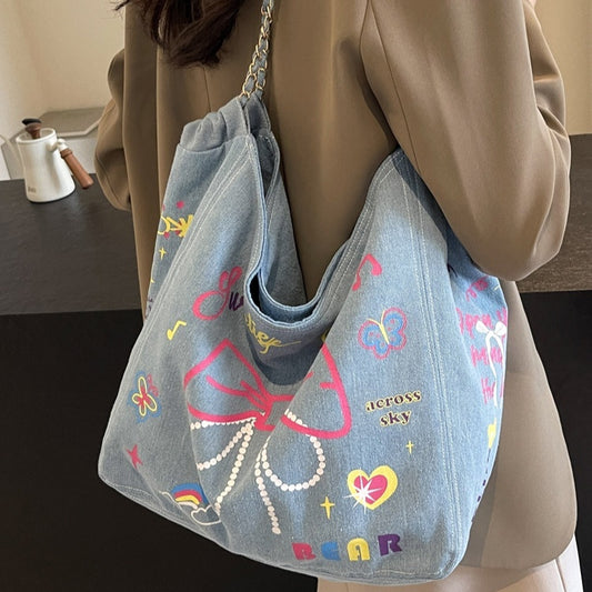 Women's Niche Graffiti Denim Canvas Casual Large Capacity Single Shoulder Bag