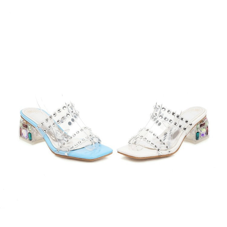 Stylish Studded Square Toe Chunky Heel Sandals