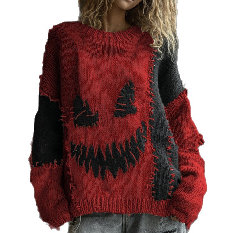 Womens 3D Digital-print Crew-neck Loose Sweater