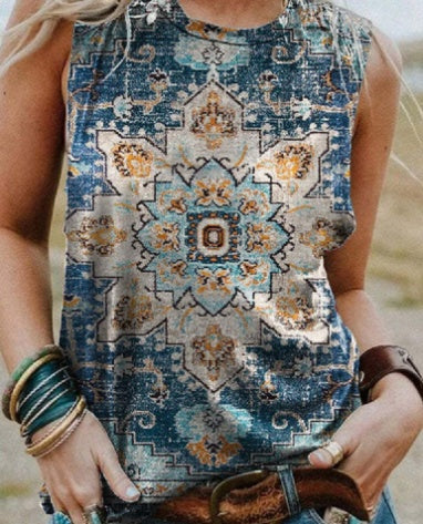 Retro Print Round Neck Short Sleeve Women's T-shirt
