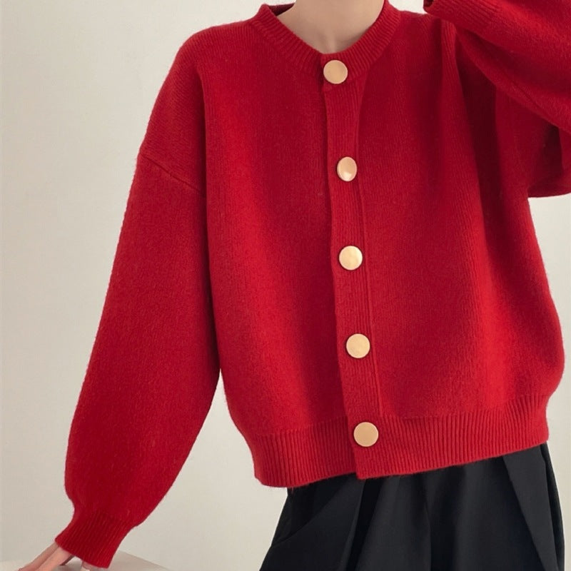 Round Neck Solid Color Loose Knitted Cardigan Women's Autumn And Winter