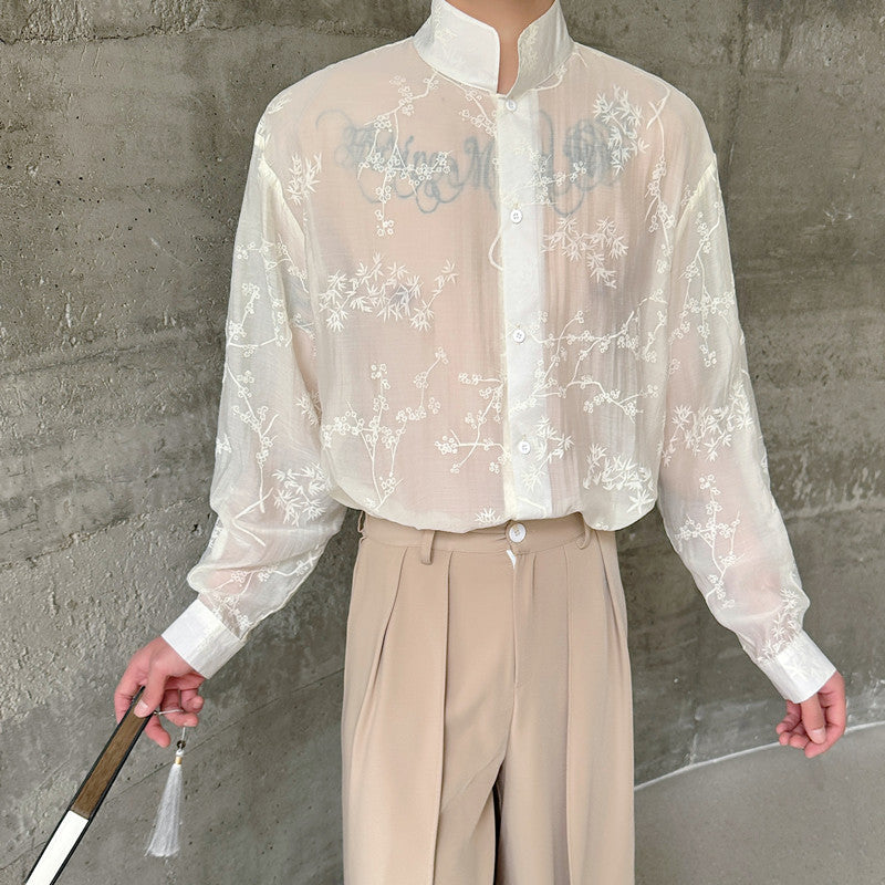 Arrival Slightly Sheer Three-Dimensional Floral Design Mandarin-Collar Long-Sleeve Shirt