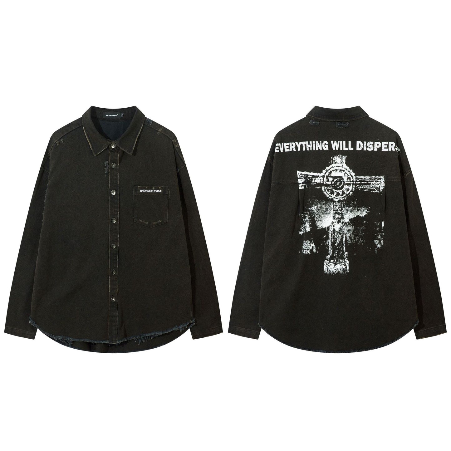 Men's Damaged Washed Denim Cross Printed Shirt