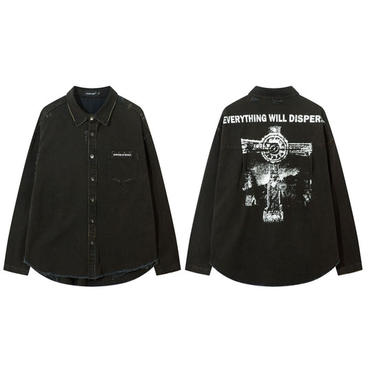 Men's Damaged Washed Denim Cross Printed Shirt