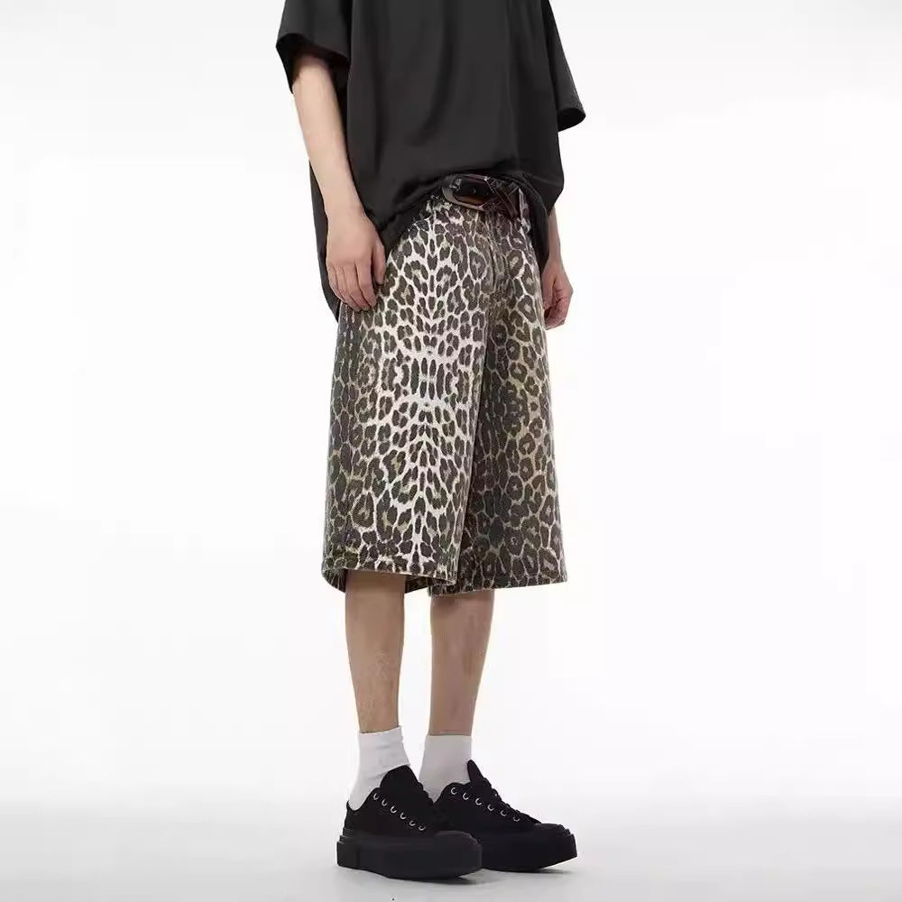 Retro High Street Leopard Print Denim Shorts