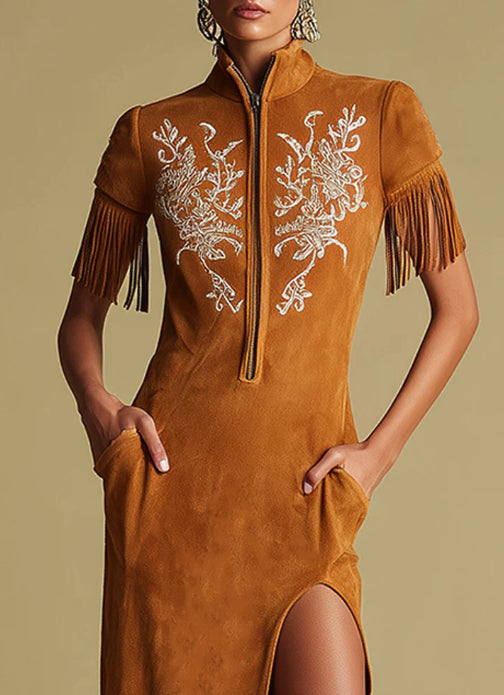 Western Retro Embroidered Brown Fringe Maxi Dress