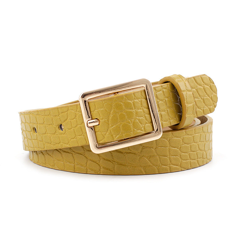 Ladies Square Button Jeans Dress Faux Leather Belt