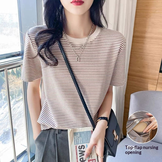 Pure Cotton Versatile Figure-flattering Striped Nursing Base Short-sleeve Top